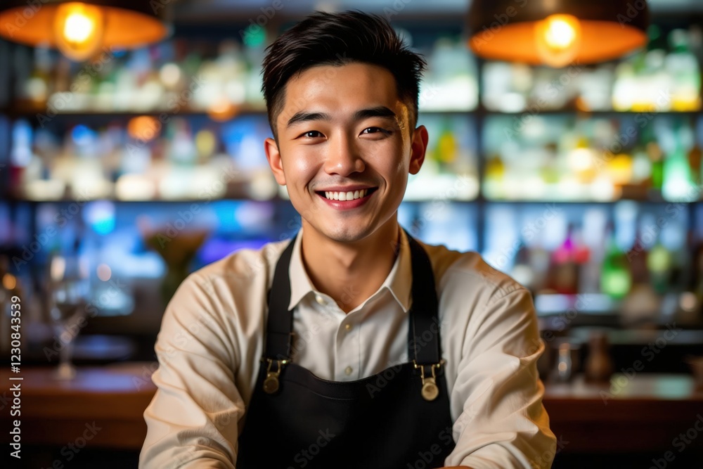 Fototapeta premium portrait of a young smiling Chinese male bartender against blurred bar background