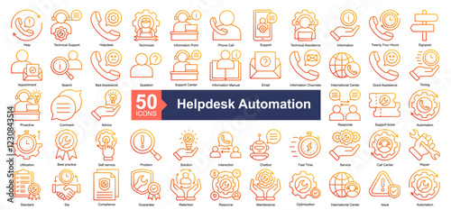 Helpdesk Automation Icon Collection Set.Containing Help, Technical Support, Helpdesk, Technician, Information Point, Phone Call, Support icon. Simple line gradient style Vector Illustration.	