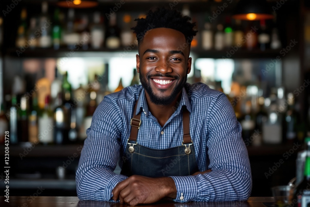 Fototapeta premium portrait of a young smiling Congolese male bartender against blurred bar background