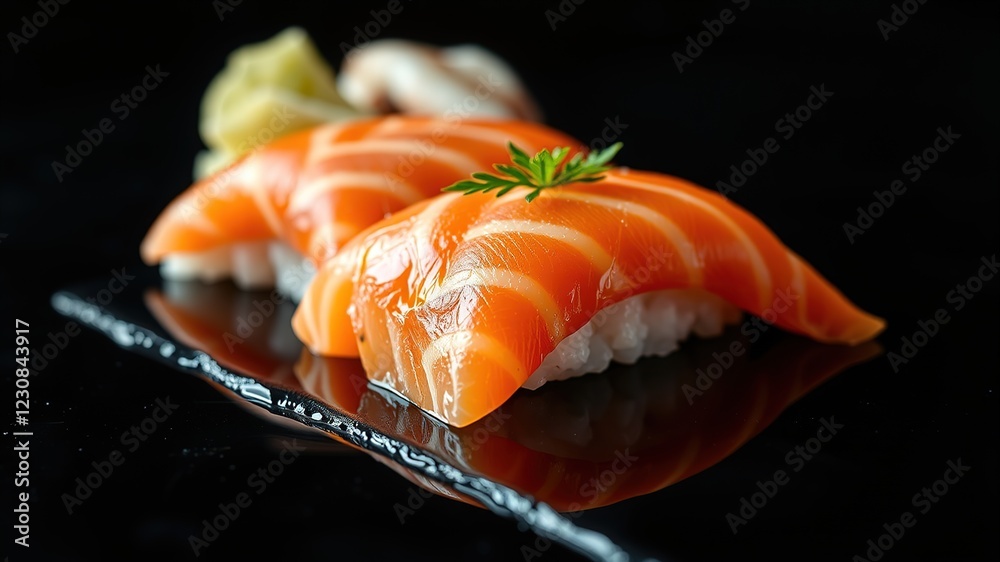 Salmon Sushi on Black, Reflective, Organic, High-Quality Salmon Sushi on Black, Reflective, Organic, High-Quality