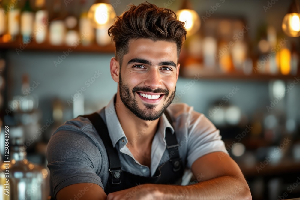 Fototapeta premium portrait of a young smiling Cypriot male bartender against blurred bar background