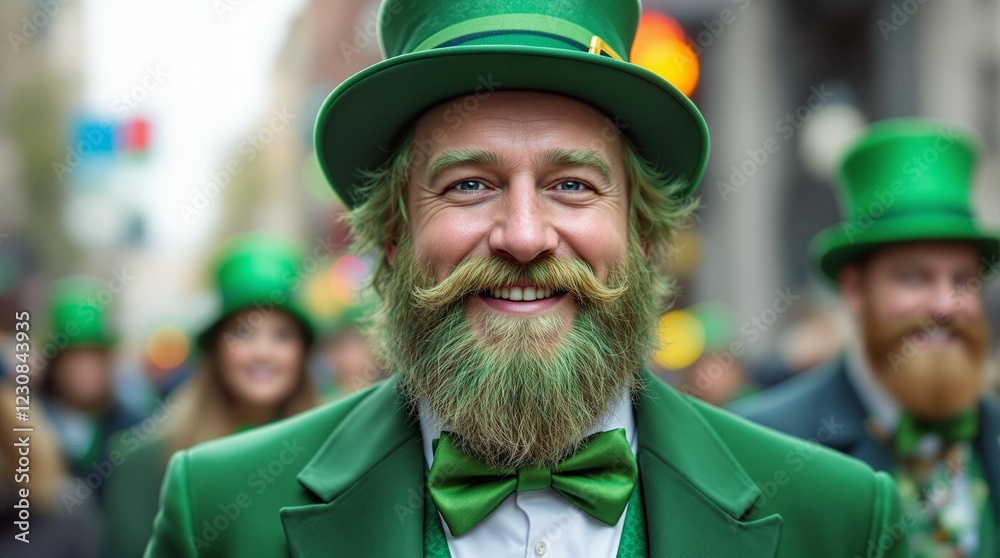 Irishman with green beard and traditional leprechaun hat smiling in the city on St. Patrick's Day Irishman with green beard and traditional leprechaun hat smiling in the city on St. Patrick's Day