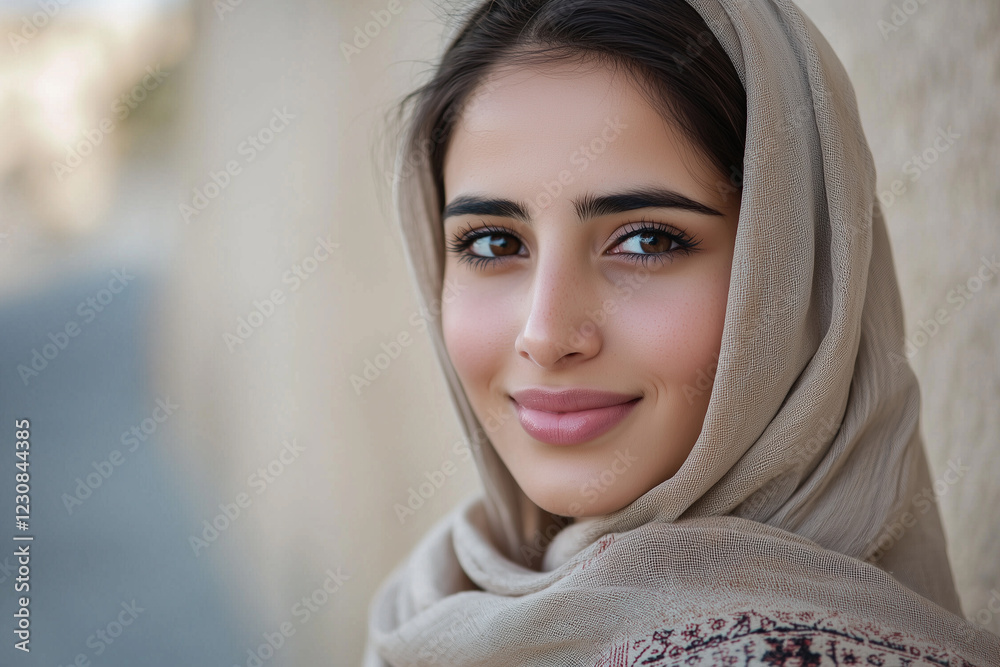 portrait of a Beautiful Arab woman in smiling portrait outdoor, big eyes, long hair thin shoulders portrait of a Beautiful Arab woman in smiling portrait outdoor, big eyes, long hair thin shoulders