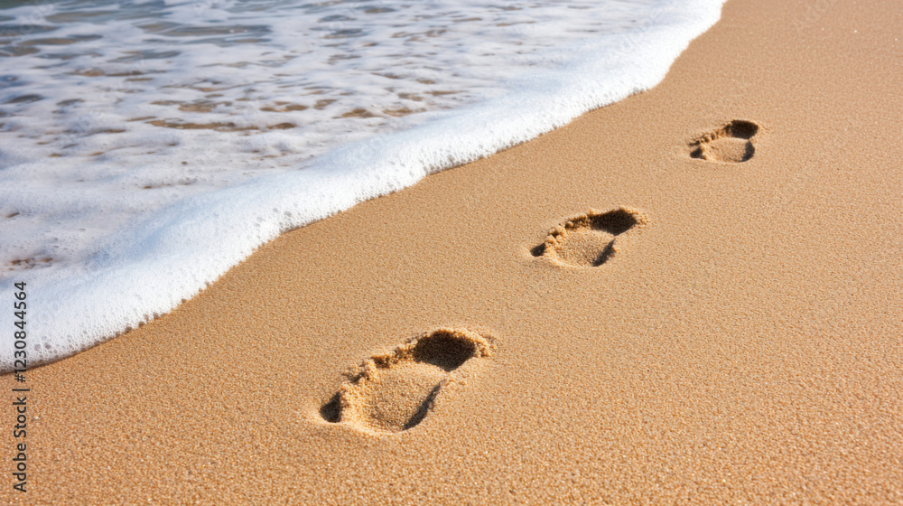 Footprints in the sand near the shoreline, with gentle waves lapping at the edges, conveying a sense of tranquility and nature. Footprints in the sand near the shoreline, with gentle waves lapping at the edges, conveying a sense of tranquility and nature.