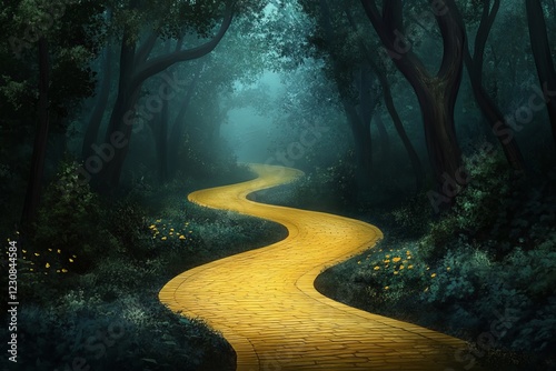illustration of The Yellow Brick Road winding through an enchanted forest, with magical creatures peeking out from the trees 