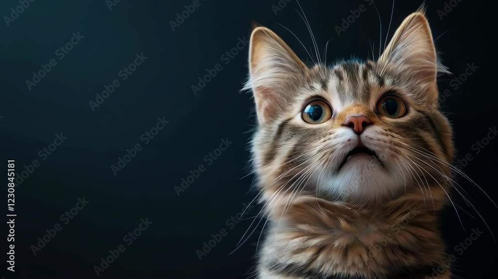Curious kitten observes movement against dark background Curious kitten observes movement against dark background