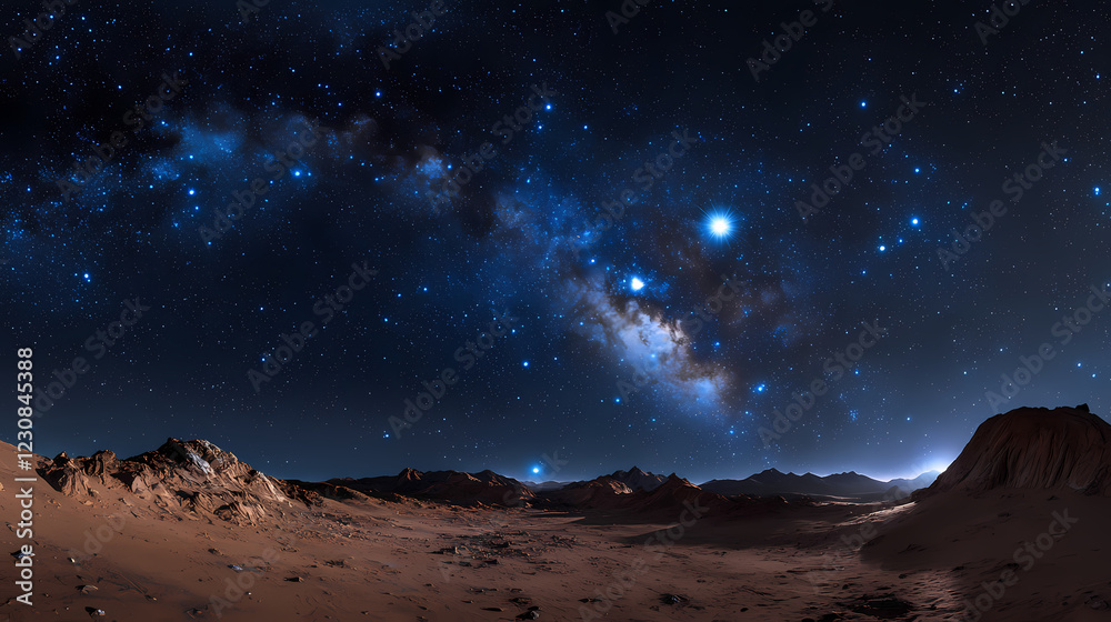 View into the milky way from mars with jupiter in the background and orion's belt with blue hued nebulas. Galactic Ridge. Illustration View into the milky way from mars with jupiter in the background and orion's belt with blue hued nebulas. Galactic Ridge. Illustration