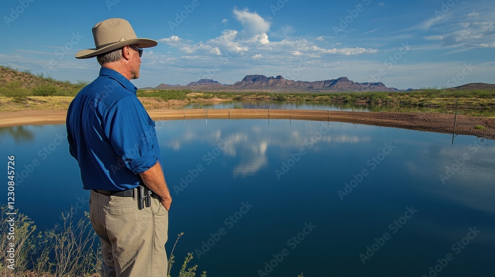 A Cowboy Reflects by a Serene Pond in a Desert Landscape A Cowboy Reflects by a Serene Pond in a Desert Landscape