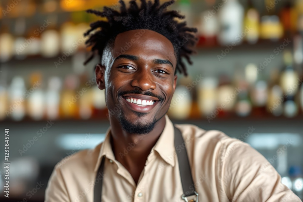 Fototapeta premium portrait of a young smiling Grenadian male bartender against blurred bar background