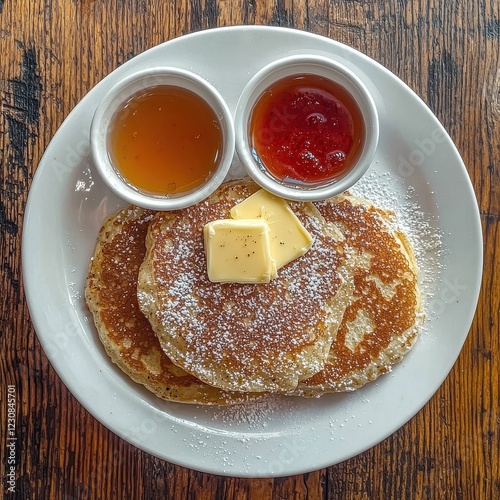 Fluffy pancakes with butter and syrup served with tea photo