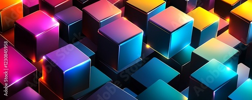 Vector art of overlapping colorful cubes with dynamic bright light effects perfect for modern graphic design