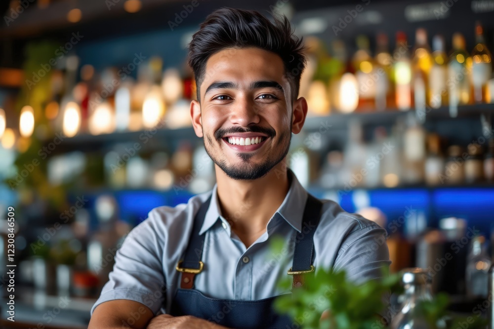 Naklejka premium portrait of a young smiling Indonesian male bartender against blurred bar background