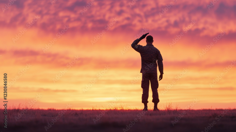Fototapeta premium A soldier salutes against a vibrant sunset, symbolizing respect and dedication to service.
