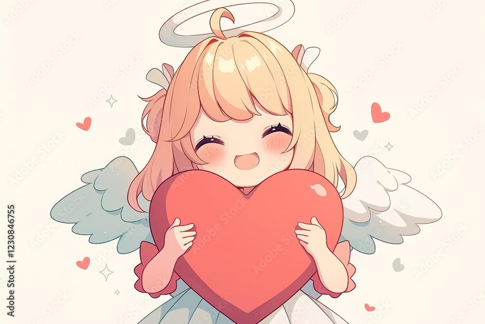 love theme postcard pretty cheerful anime chibi kawaii girl cupid with angel wings and nimbus holding big red heart