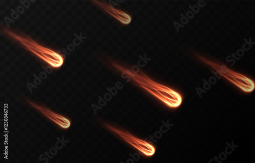 Vector meteor shower png. Falling comets on a transparent background. Cosmic starfall.