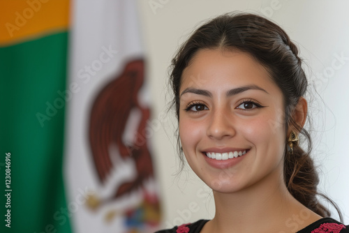Smiling young woman in traditional attire with national flag backdrop