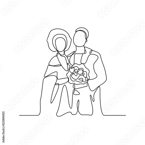 One continuous line drawing of wedding ceremony vector illustration. spouse bride complete with wedding costume design illustration simple linear style vector concept. Wedding design vector asset.	
