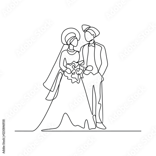 One continuous line drawing of wedding ceremony vector illustration. spouse bride complete with wedding costume design illustration simple linear style vector concept. Wedding design vector asset.	
