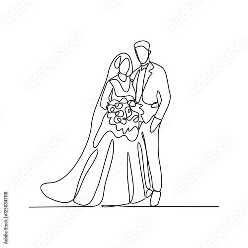 One continuous line drawing of wedding ceremony vector illustration. spouse bride complete with wedding costume design illustration simple linear style vector concept. Wedding design vector asset.	

