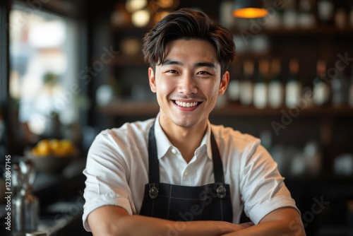 portrait of a young smiling Japanese male bartender against blurred bar background photo