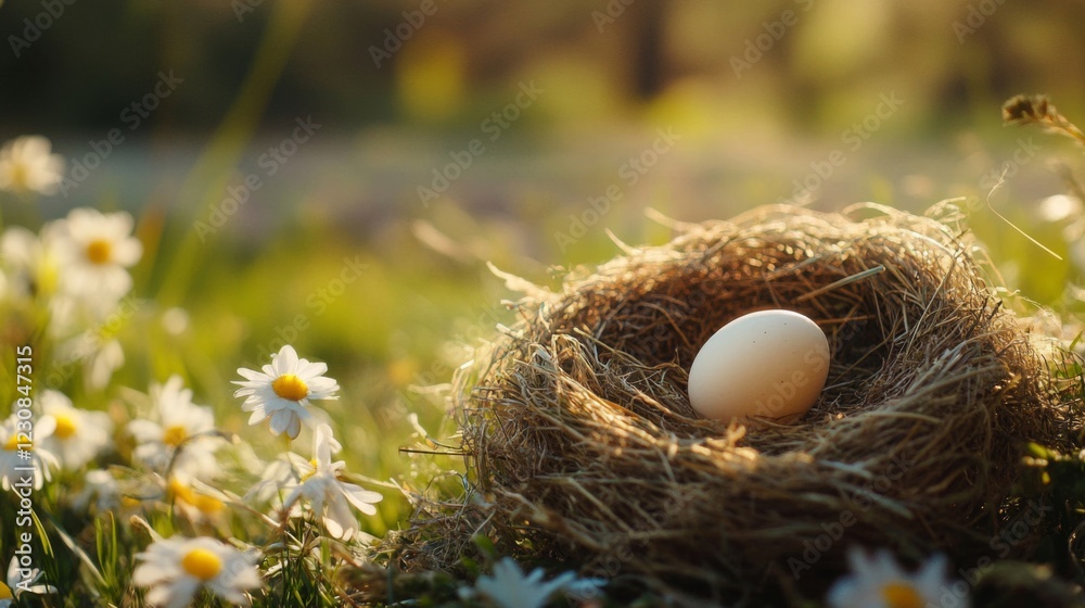 White Egg in Brown Nest Among Daisies in Sunny Field White Egg in Brown Nest Among Daisies in Sunny Field