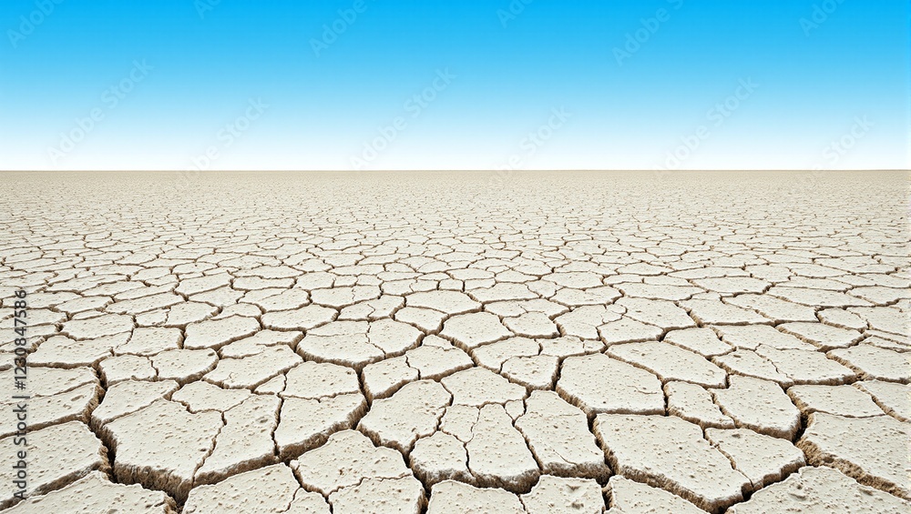Abstract cracked desert soil with intricate patterns against a vivid blue sky Abstract cracked desert soil with intricate patterns against a vivid blue sky
