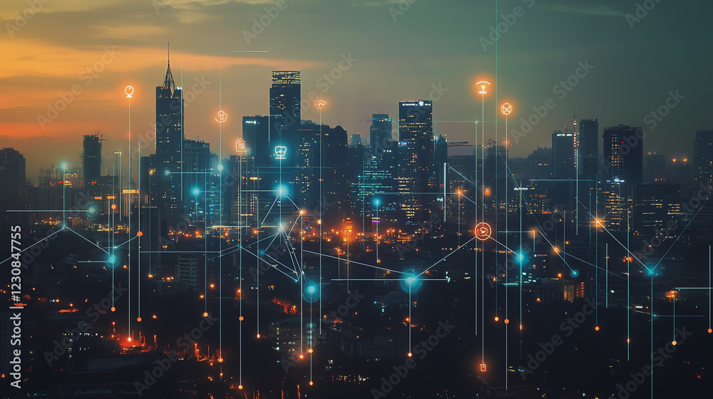 Fototapeta premium Smart digital Innovation city with connection network reciprocity over the cityscape. of future smart wireless digital city and social media networking systems that connects people with in city