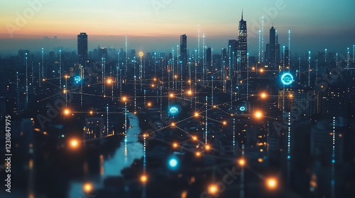 Wallpaper Mural Smart digital Innovation city with connection network reciprocity over the cityscape. of future smart wireless digital city and social media networking systems that connects people with in city Torontodigital.ca