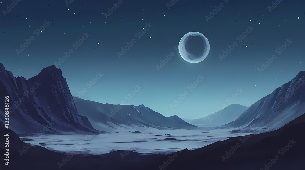 A distant moon hanging over a mountainous alien landscape. Galactic Ridge. Illustration A distant moon hanging over a mountainous alien landscape. Galactic Ridge. Illustration