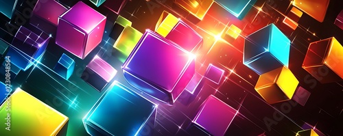 Vector art of overlapping colorful cubes with dynamic bright light effects perfect for modern graphic design