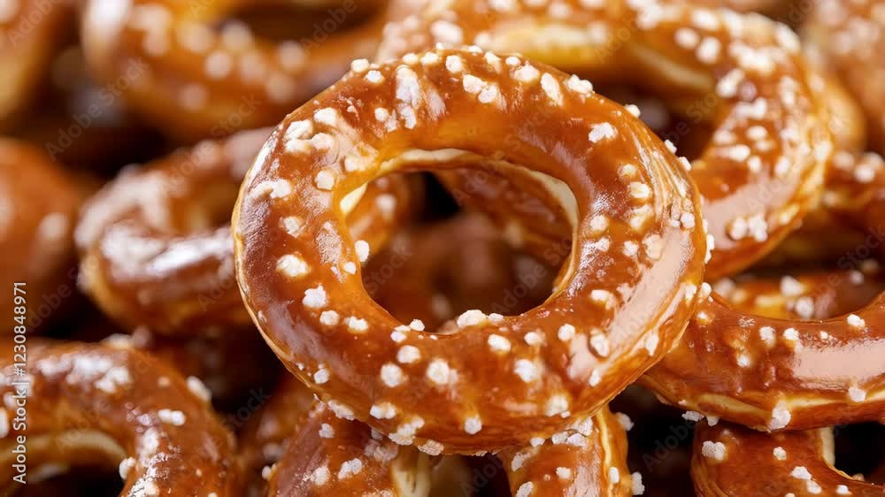 Closeup of rotating pretzels highlighting texture and salt crystals