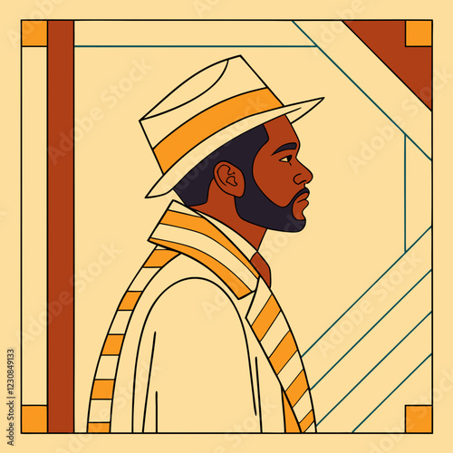 Profile of Black man in fedora gazing contemplatively. Art Deco style with warm tones and geometric framing. Concept of: fashion history, cultural art, portrait photography.