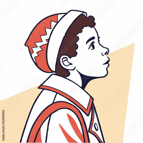 Young African boy gazing upward in profile, wearing orange knit cap and striped coat. Mid-century illustration style with geometric background. Concept of: youth education, children's fashion, school