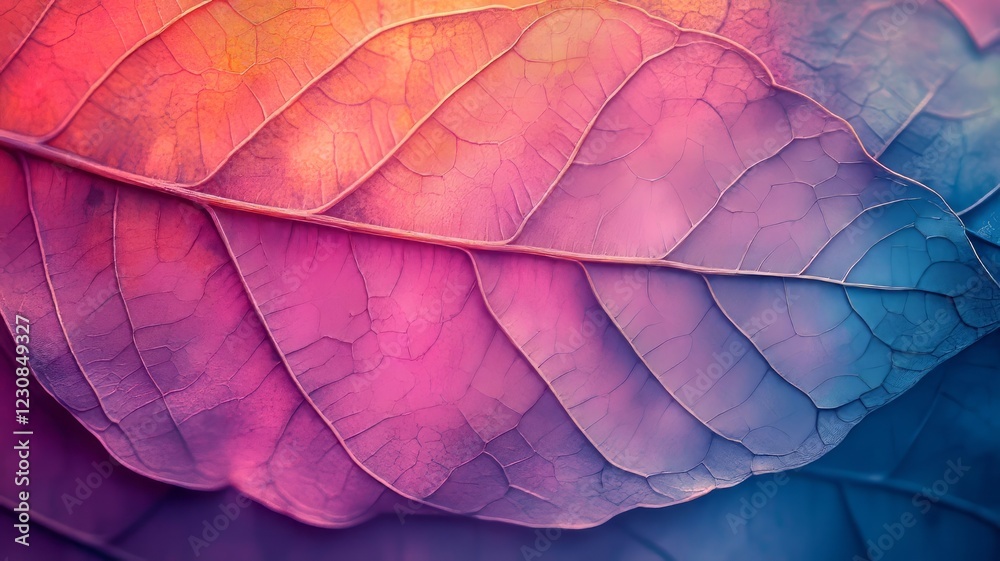 Close-up of vibrant, multicolored leaf texture with detailed veins and color gradients.
