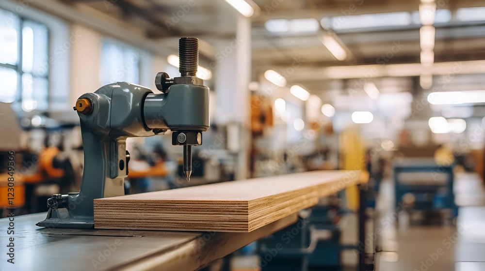Fototapeta premium Factory wood drilling machine, industrial production, workplace background