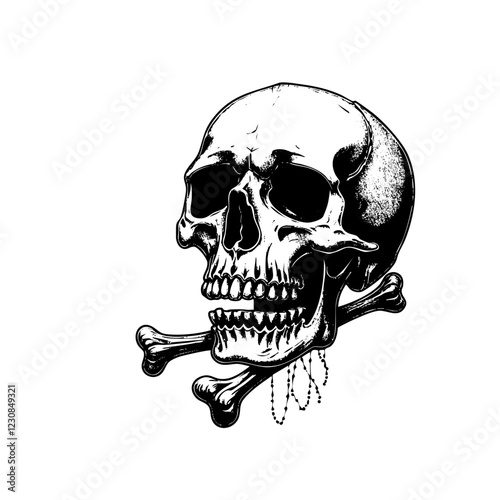 Pointillism Skull with Chains and Crossbones Engraved Illustration