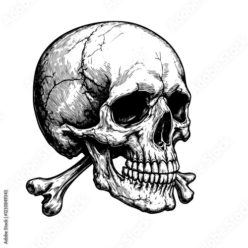 Pointillism Cracked Skull with Crossbones Engraved Illustration
