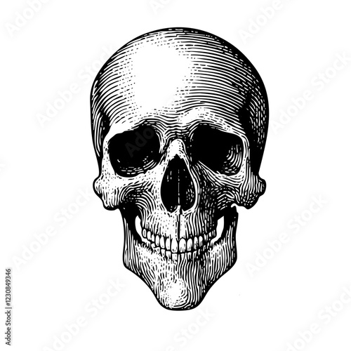 Pointillism Skull with Exposed Teeth Engraved Illustration