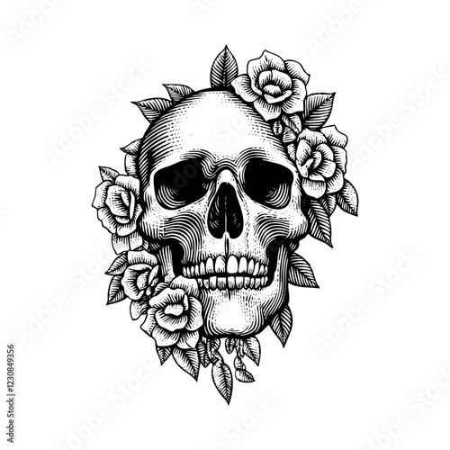 Pointillism Skull with Roses Engraved Illustration