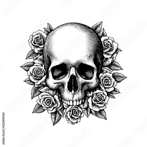 Pointillism Floral Skull with Surrounding Roses Engraving