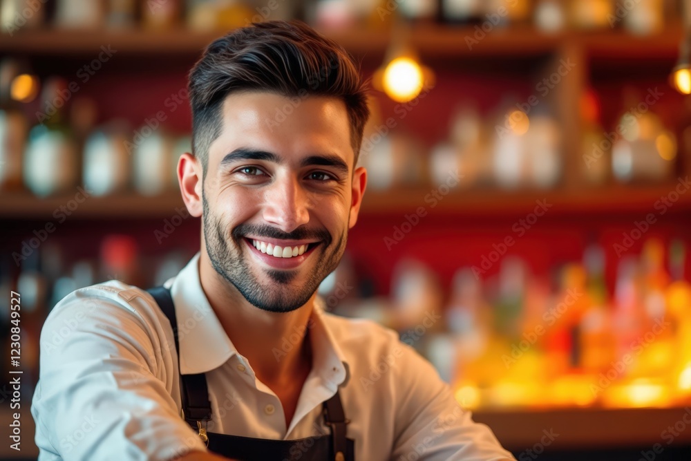 Fototapeta premium portrait of a young smiling Maltese male bartender against blurred bar background
