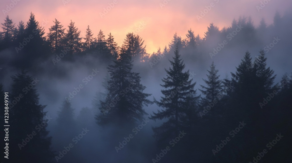 Naklejka premium Misty Forest Sunset Landscape