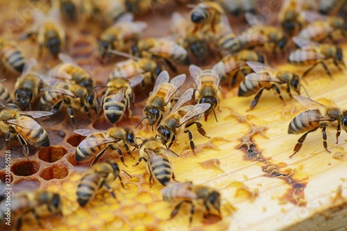 Honeybees Inside a Beehive Working on Honeycomb photo