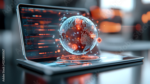 Global data protection via digital shield on tablet display contemporary office environment high-tech visual content focused viewpoint