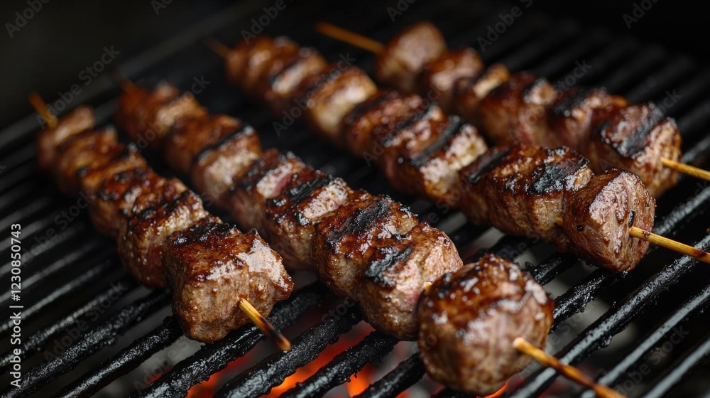 Close-up of Grilled Beef Skewers on a Barbecue Grill Close-up of Grilled Beef Skewers on a Barbecue Grill
