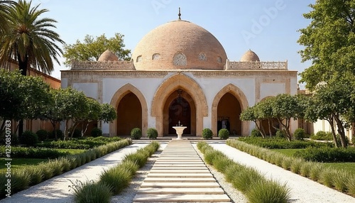 beautiful hammam with traditional domed architecture, arched entrances, and lush garden, luxurious oriental spa retreat photo