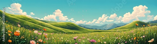 A serene and vibrant landscape featuring rolling green hills, colorful wildflowers, and a bright blue sky adorned with fluffy white clouds, perfect for nature enthusiasts and artis