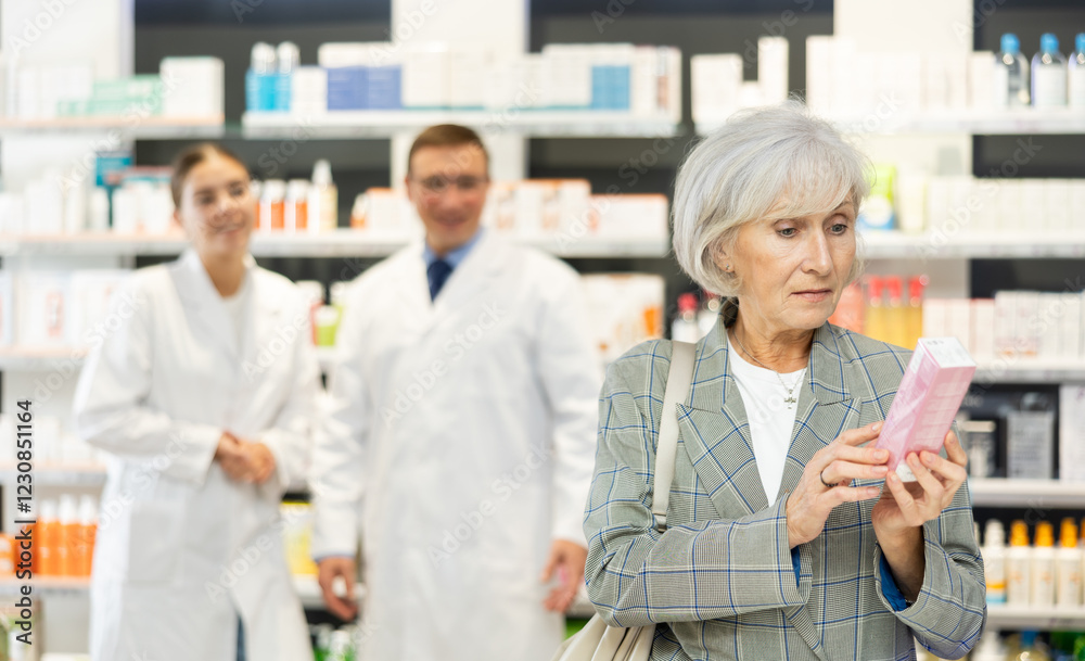 Fototapeta premium Positive old woman client choosing convenient care product in box standing in chemist's shop