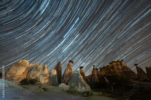 Star Trails over Fairy Chimneys in Cappadocia, Nevsehir, Turkiye photo