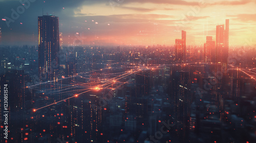 Wallpaper Mural Smart digital Innovation city with connection network reciprocity over the cityscape. of future smart wireless digital city and social media networking systems that connects people with in city Torontodigital.ca